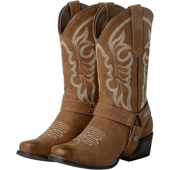 J's.o.l.e Women Brown Western Cowboy Boot Square Toe With Removable Buckle Strap - Picture 1 of 9